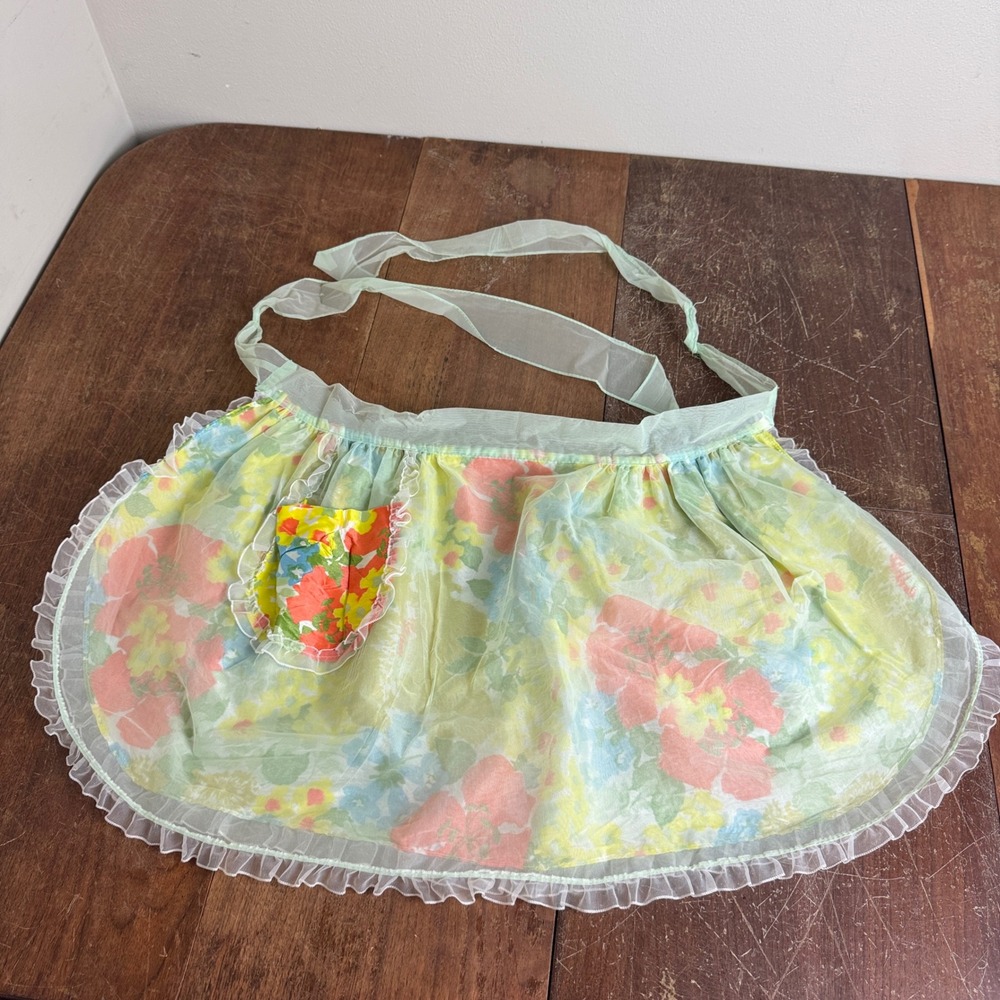 Vintage Bright Floral Reversible Mint Green Sheer Ruffle Kitchen Half‎ Apron